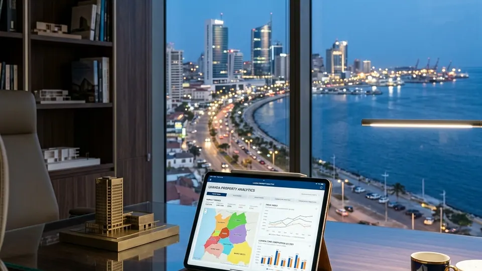 Dashboard de inteligência imobiliária com skyline, mapa urbano e analytics de valuation